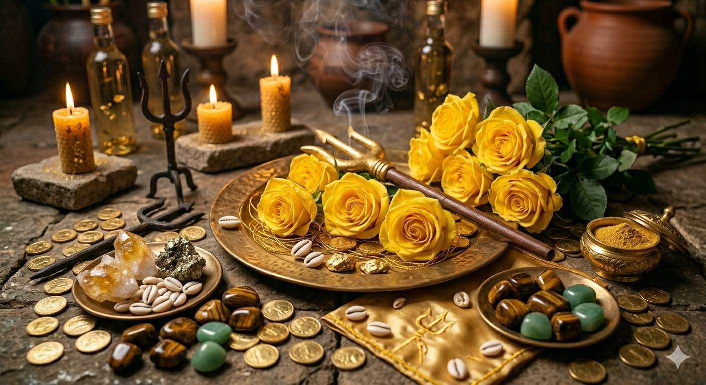 Arranjo ritualístico com rosas amarelas, moedas de ouro, cristais e tridente sobre altar de pedra
