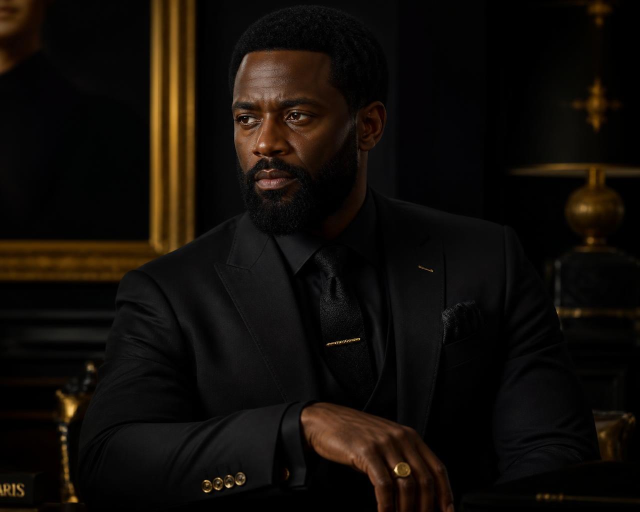 Exu do Ouro representado por um homem elegante em terno preto com detalhes dourados